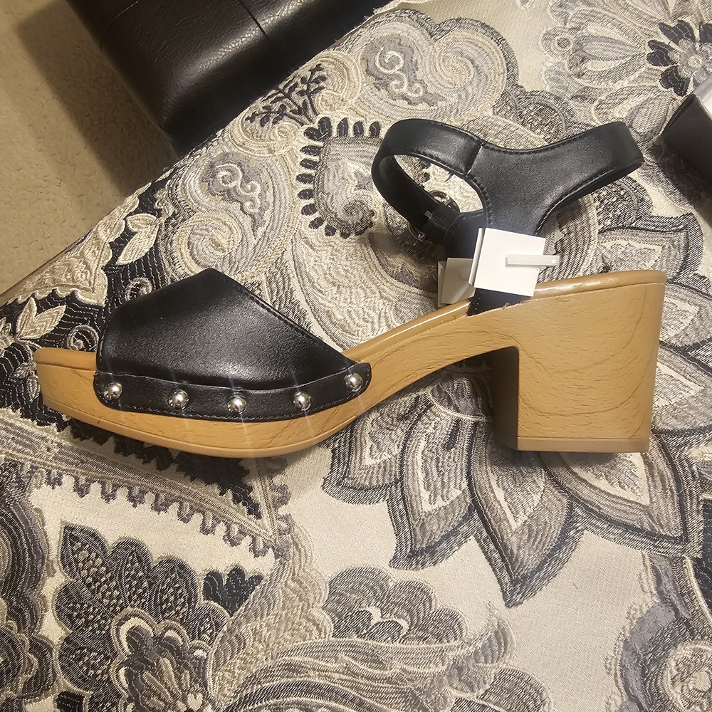 Style & Co. Black and Tan Mules with Studded Wooden Heel